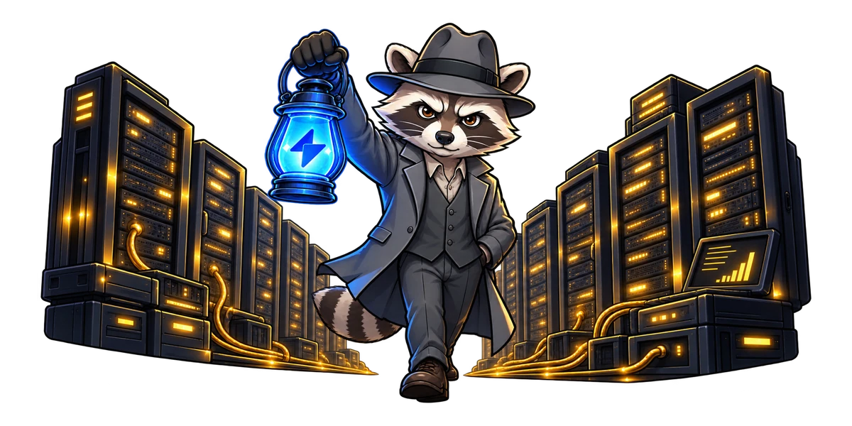 Furlock Sholmes walking a data centre aisle, holding up a lantern lit with the FluxRPC mark