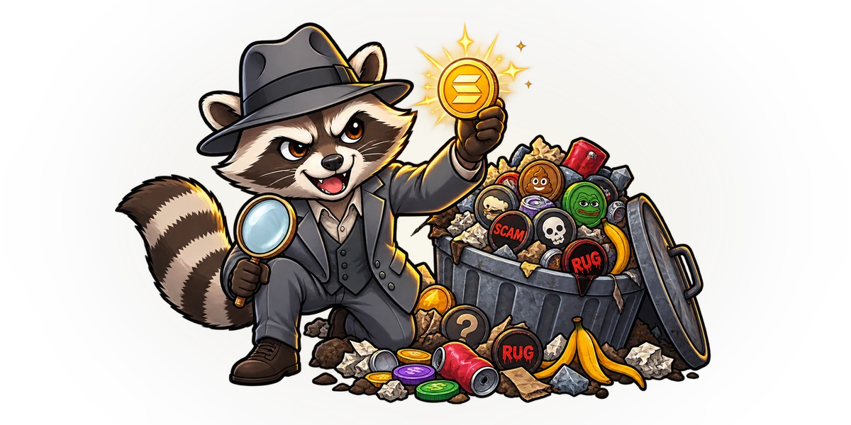 Furlock Sholmes pulling one clean Solana coin out of a bin of scam and rug tokens