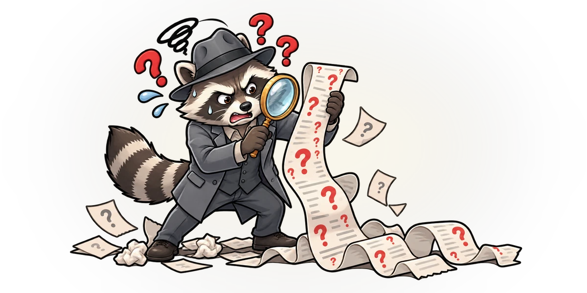 Furlock Sholmes squinting through a magnifying glass at an invoice that unrolls across the floor, every line item a question mark